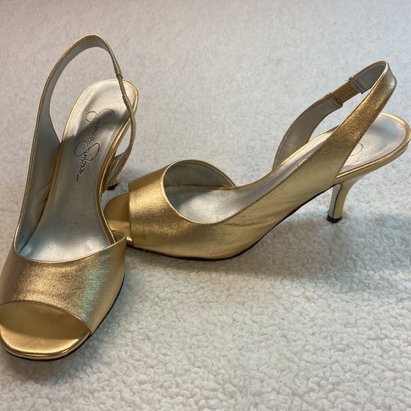 Jessica Simpson Kreme New Sable Metallic Leather Open Toe Slingback Dress Heel 6 - Picture 3 of 11